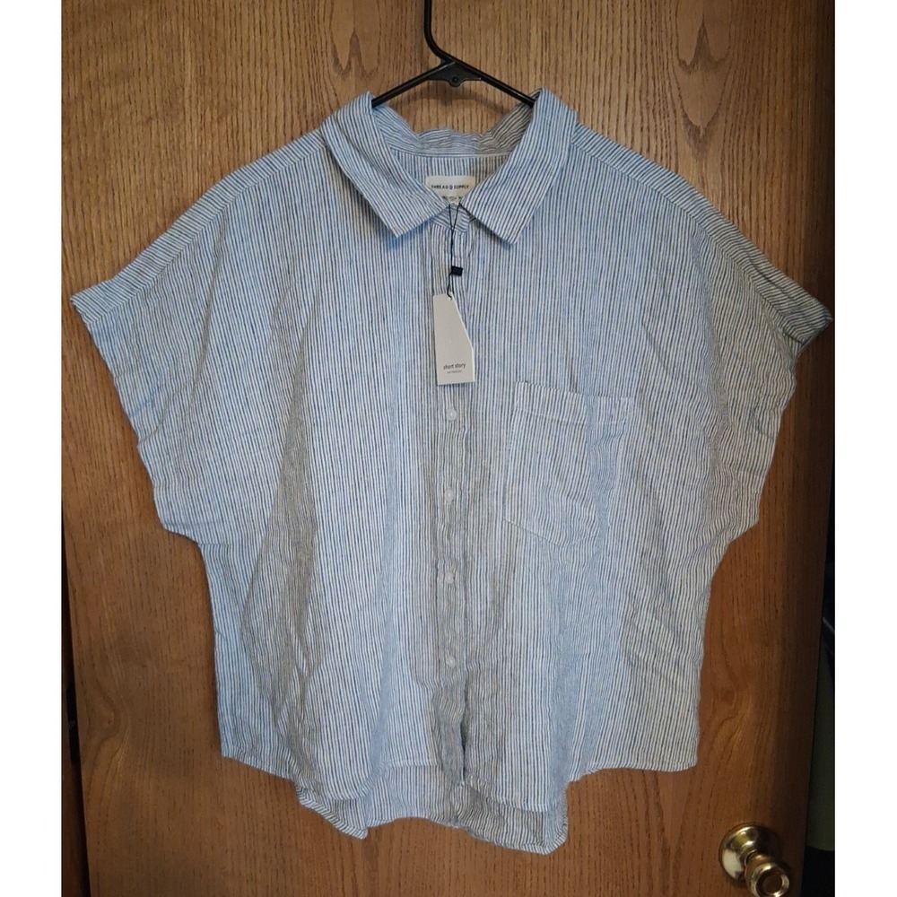 Thread & Supply Linen Blend Striped SS Shirt Women's Size XLP Blue White NWT